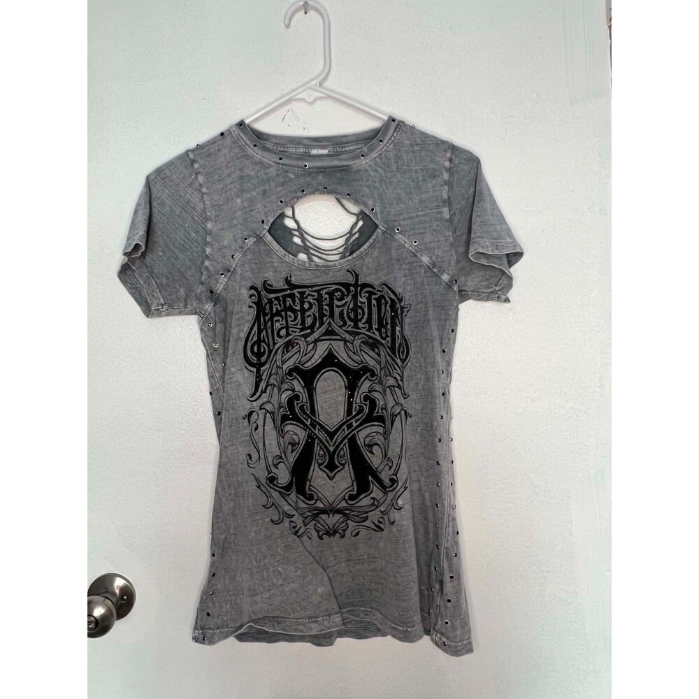 Affliction Rhinestone Distressed Steel Cut Out Shirt Womens Biker Y2K Buckle Tee